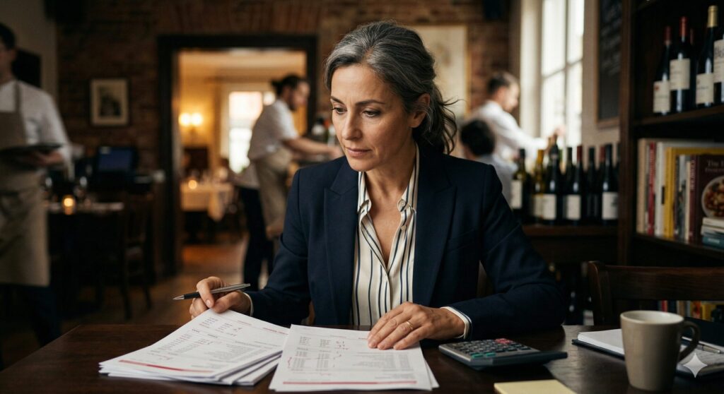 restaurant owner reading statements